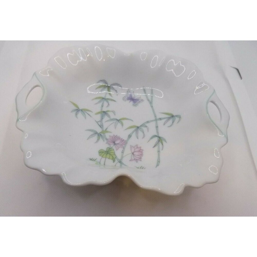 Guillen Porcelain Square Dish Ruffled Edge Handles Bamboo Flowers Butterfly